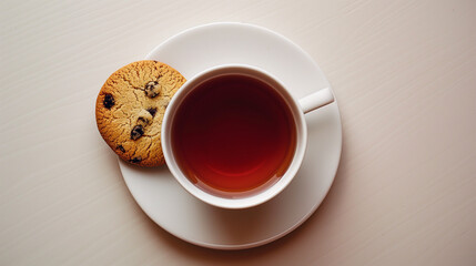 cup of tea. minimalistic. copy space. fresh morning tea for breakfast. white cup, white plate. english tea with biscuit or cookie. snack early morning