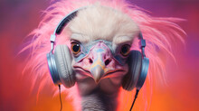 An Ostrich On A Pink Background Listens To Music With Headphones