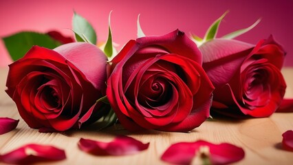 Aufkleber - close-up of red rose flowers with fallen petals on a wooden tabletop on a pink background