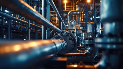 Sticker - A picture showcasing pipes and valves in a spacious industrial setting. This image can be used to depict manufacturing, engineering, or industrial processes