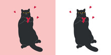 Cute St Valentines Day Cartoon Black Cat With Heart. Funny Romantic Kitten In Love. Sleepy Cat Isolated On White Background