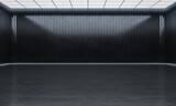 Fototapeta Przestrzenne - Modern empty open space with lights on top. Showroom hall and black wall.  3D rendering