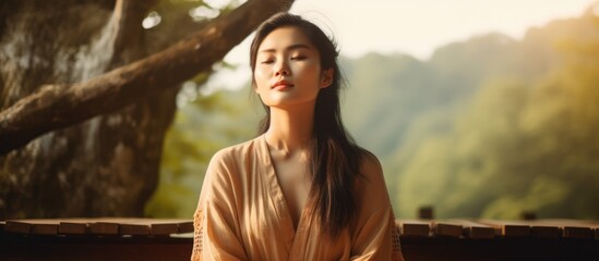 Sticker - Asian girl practicing mindfulness outdoors.