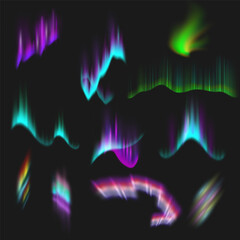 northern polar lights glow set. vector arctic aurora borealis view, natural phenomena with glowing i