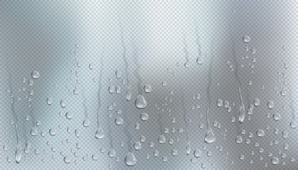 Condensation on window or blurry surface. Vector vapor through window glass in shower. Drops and traces, splashes streaming and wet realistic condensate on clear material, transparent background