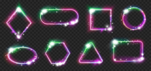 Aufkleber - Neon frames with radiance effects, highlights and sparkles. Vector isolated magic empty borders of geometric shapes. Triangle and rhombus, square and rectangle, circle and oval figure glowing
