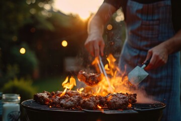 Wall Mural - A person is cooking meat on a grill. This image can be used to showcase outdoor cooking or grilling activities