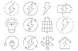 Electricity line icon set. Current, light, tesla, socket, energy, lamp, electron, lightning, wires, light bulb, voltage. Vector icon for business and advertising