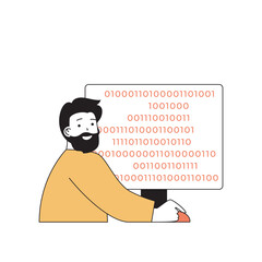 Aufkleber - Programming concept with cartoon people in flat design for web. Man creating product code, searching and fixing bugs before release. Vector illustration for social media banner, marketing material.