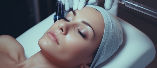 Sticker - A woman at a cosmetologist's office gets fractional mesotherapy for her face, improving her skin and treating acne through hardware cosmetology.