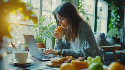 Sticker - A woman is pictured sitting at a table with a laptop. This image can be used to represent work, technology, or remote work concepts