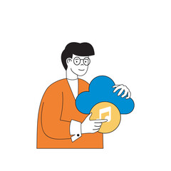 Poster - Cloud computing concept with cartoon people in flat design for web. Man using online streaming platform for listening music and audio. Vector illustration for social media banner, marketing material.