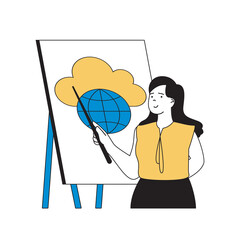 Poster - Cloud computing concept with cartoon people in flat design for web. Woman using online storage and cloud processing technology at work. Vector illustration for social media banner, marketing material.