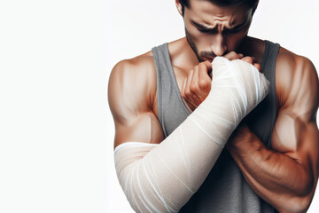 Wall Mural - A man with a broken arm in a cast on crutches on solid white background. ai generative