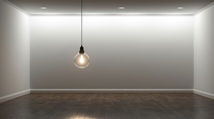 Wall Mural - Stark empty room with a single hanging lightbulb  AI generated illustration