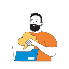 Leinwandbilder - Cloud computing concept with cartoon people in flat design for web. Man working with online documents and managing virtual folders. Vector illustration for social media banner, marketing material.