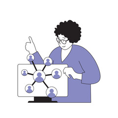 Fototapete - Teamwork concept with cartoon people in flat design for web. Woman organising work of distant colleagues and team online connection. Vector illustration for social media banner, marketing material.