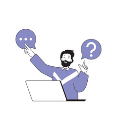 Fototapete - Teamwork concept with cartoon people in flat design for web. Man with questions connecting with colleagues and brainstorming online. Vector illustration for social media banner, marketing material.