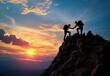 two hikers helping each other on a mountain summit