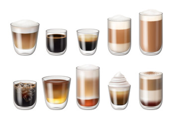 Caffeine drink in glass, isolated realistic coffee beverages with foam and whipped cream. Vector isolated cafe or restaurant, mug served with ice and cinnamon powder. Cocoa and latte, americano