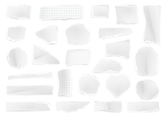 Fototapete - Sheets of paper with torn uneven edges. Vector isolated ripped pieces of note or damaged document, textbooks or notebook journals. Split cutout fragment of page of round and rectangle shape