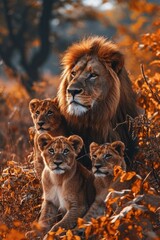 Wall Mural - lion family in the fall