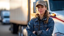 Portrait Of A Caucasian Female Truck Driver, Dressed In Denim Clothing And Cap, Posing Proudly Near Her Truck.