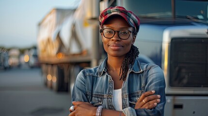 Wall Mural - Afro american woman as a truck driver, posing next a truck.