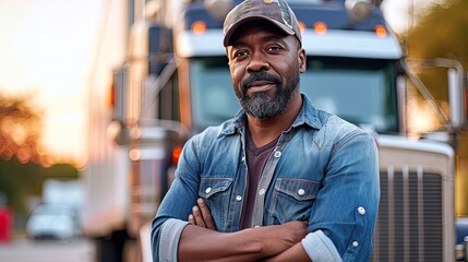 Wall Mural - Black man truck driver, posing proud next a big truck.