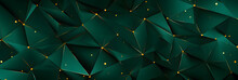 Abstract Deep Green 3d Background With Polygonal Pattern, Little Golden Dots, Dark Outline Lines. Modern Geometric Invitation Card. VIP Jewelry Business Sale Banner. Premium Xmas, Happy New Year 2020