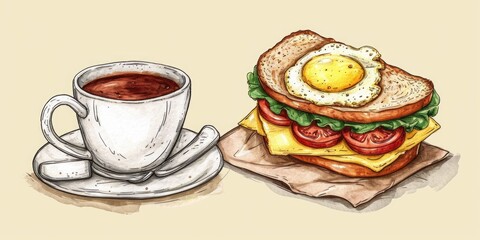 Canvas Print - A simple and delightful drawing of a sandwich and a cup of coffee. Perfect for food and beverage related projects