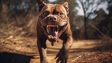 An Aggressive Brown Pit Bull Runs Right Up To The Camera With Its Mouth Open And Shows Its Front Teeth Against The Background Of The Forest. Rabies, Veterinary Medicine, Pets Concepts.