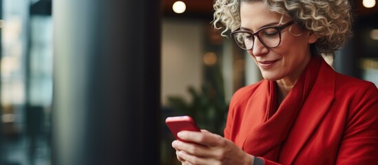 Canvas Print - Middle-aged woman in smart casual and glasses enjoying coffee break at work, using smartphone to send emails.