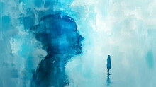 Silhouette Profile Embedded In A Textured Blue Canvas, Suggesting Introspection And The Depths Of The Human Psyche, Alongside A Solitary Figure Standing In The Distance, Self-reflection And Solitude
