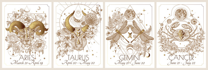 Vector set of the 4 first zodiac signs in flowers. Gold on a white background. Aries, Taurus, Gemini, Cancer	