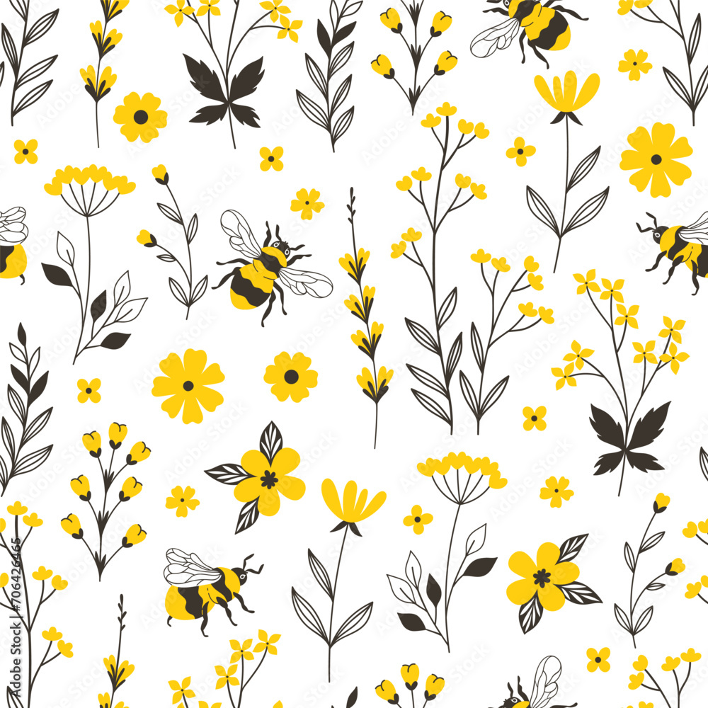 Seamless pattern with yellow flowers and bees. Vector graphics. Stock ...