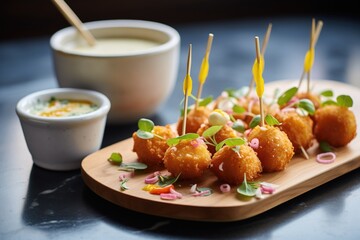 Wall Mural - bite-sized arancini on skewers with dipping sauce