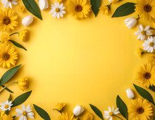 Frame Of Yellow And White Flowers. Yellow Background With Space For Text In The Middle. Vibrant Spring Theme.