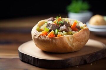 Sticker - beef stew in a bread bowl on a rustic wood table