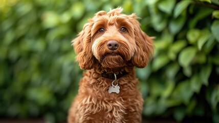 Portrait of a curly-coated brown dog with a green backdrop