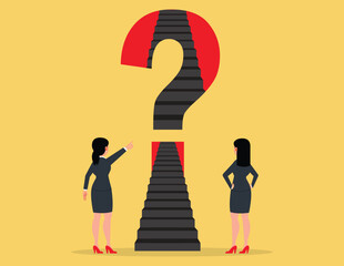 Business strategy concept. Two businesswomen standing with question mark discussed the strategy future path.