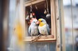 cockatiel couple inside a nesting box in aviary