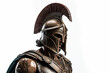 Bronze statuette of the Roman war greek Sparta type helmet roman warrior Warrior wearing iron helmet and warrior old metal shield. Ancient warrior isolated on white background