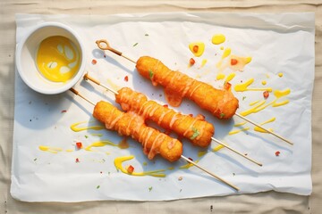 Wall Mural - freshly fried corn dogs draining on paper