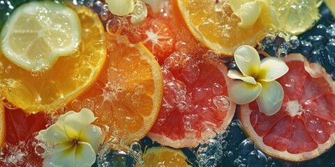 Wall Mural - Oranges, lemons, and other fruit floating in water. Suitable for refreshing drink or summer-themed designs