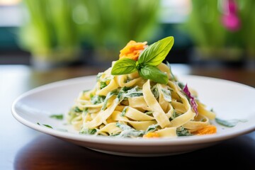 Canvas Print - fettuccine alfredo with fresh basil leaves on top