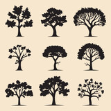 Fototapeta Dinusie - Oak tree set black silhouette vector Clip art
