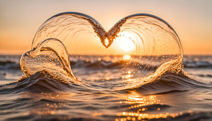 Wall Mural - beautiful romantic heart ocean wave at sunset with copy space