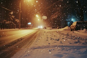 A snowy street at night with a car parked on the side. Suitable for winter-themed designs or illustrations