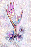 Fototapeta Sypialnia - 3D render of a holographic hand with orchid flowers. Glowing metallic hand and flowers. artificial hand with flowers. Isolated. Scientific minimalist wallpaper, ecological energy source concept